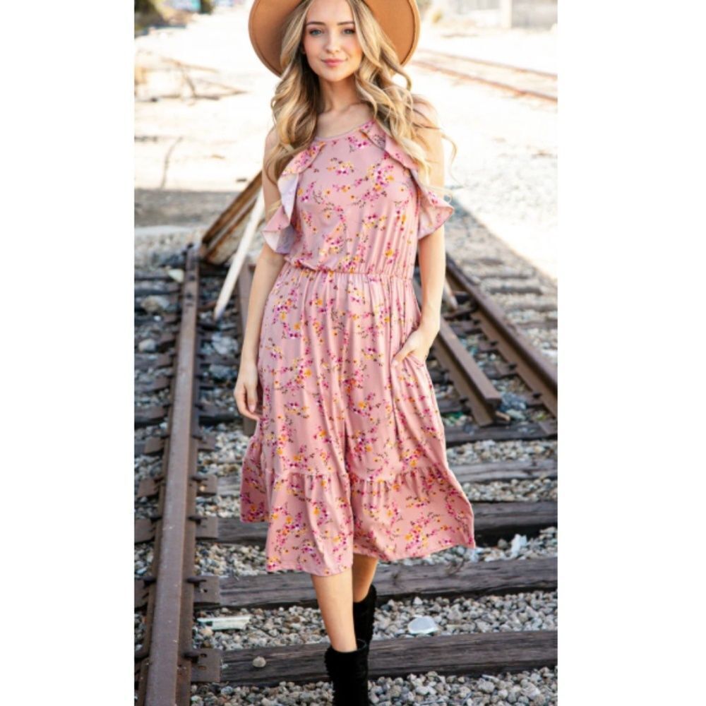 The Primrose Rose Floral Ruffle Halter Midi Dress with Pockets size large